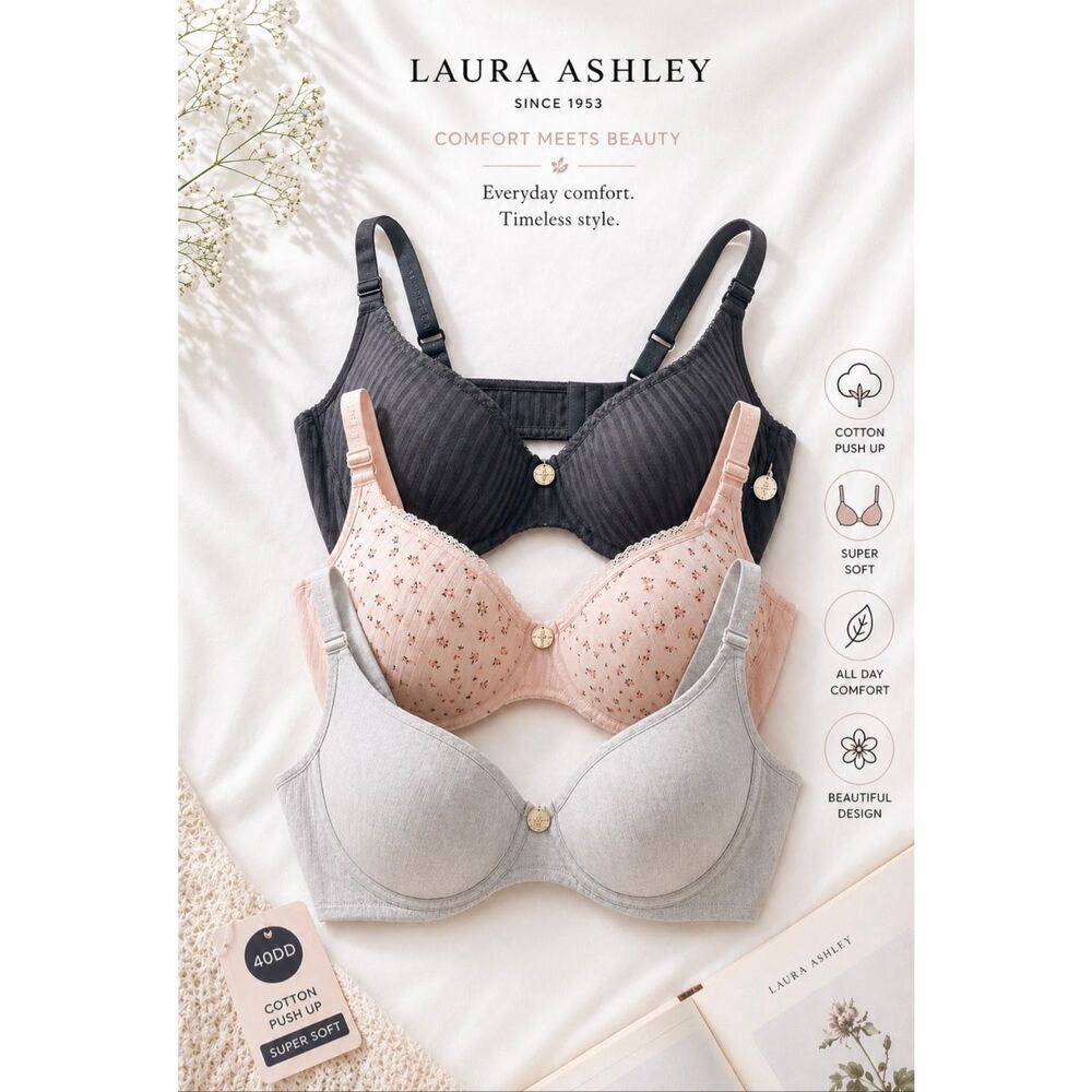 NWT 3 Laura Ashley 42D Comfort Push Up Soft Floral Cream Grey Underwire Bras